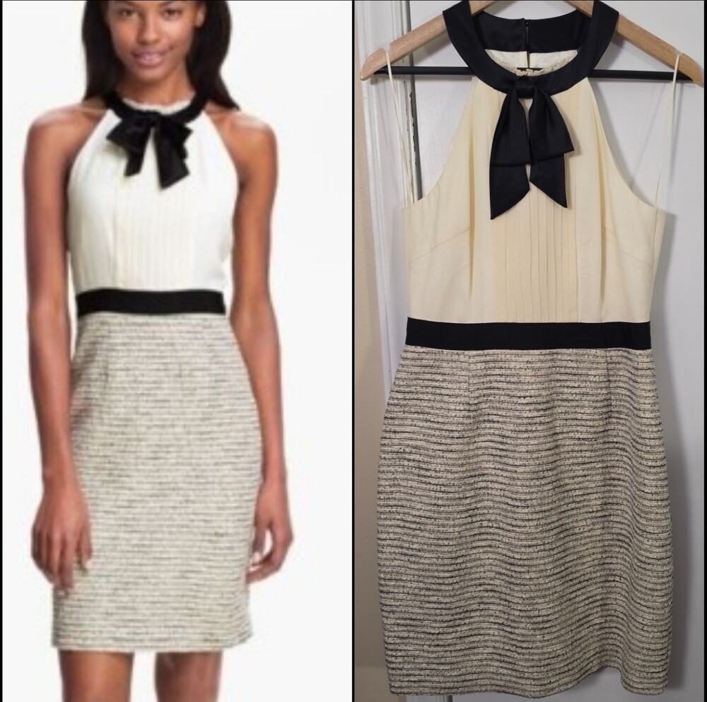 Trina Turk Kissy Cocktail Dress Bow Halter Size 6 Gold Tweed Boucle Ivory $328